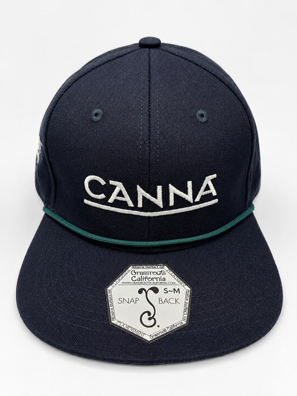 CANNA Embroidered Snapback Hat in Navy with Green Rope